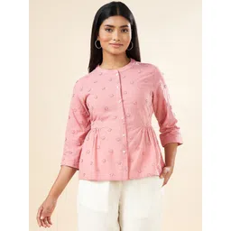 AKKRITI BY PANTALOONS Floral Applique Mandarin Collar Cotton A Line Top-image-47