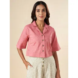 AKKRITI BY PANTALOONS Floral Embroidered Flared Sleeves Cotton Shirt Style Crop Top-picture-18