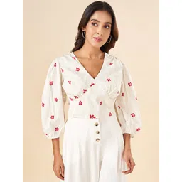 AKKRITI BY PANTALOONS Floral Printed V-Neck Puff Sleeve Cotton Crop Top-picture-39