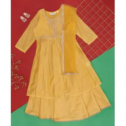 Akkriti by Pantaloons Full Sleeves Floral Embroidered & Dots Foil Printed  Kurta Skirt Dupatta Set - Mustard Yellow-picture-15