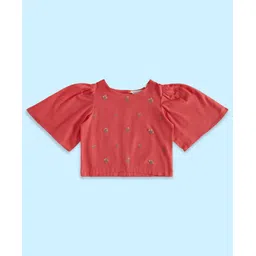 Akkriti by Pantaloons Half Sleeves Floral Embroidered Top - Coral-picture-12