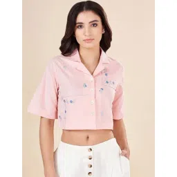 Akkriti by Pantaloons Pink Cotton Embroidered Crop Shirt-picture-45