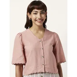 Akkriti by Pantaloons Pink Cotton Embroidered Crop Shirt-picture-36