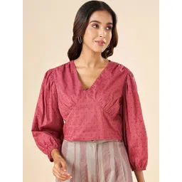 AKKRITI BY PANTALOONS Self Design V-Neck Puff Sleeve Cotton Empire Top-picture-20