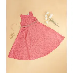 Akkriti by Pantaloons Sleeveless Floral Foil Printed Dress With Belt - Coral-picture-14