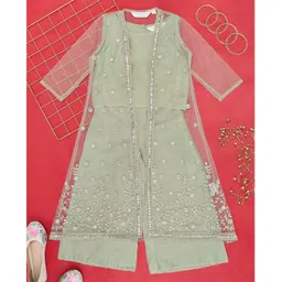 Akkriti by Pantaloons Solid Viscose Top & Palazzo With Three Fourth Sleeves Floral Mirror Work Embellished Jacket - Green-picture-13