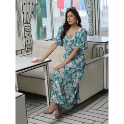 AKS Couture Floral Printed V-Neck Flared Sleeve Crepe Maxi Midi Dress-picture-25