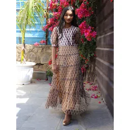 aks kids Aks Girls Floral Print Puff Sleeves Tiered Velvet Maxi Dress-picture-29