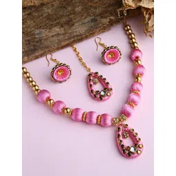 AKSHARA Women Rose Pink Stone-Studded & Beaded Silk Thread Jewelry Set-picture-41