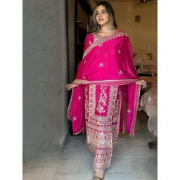 AKSHARAM Women Floral Embroidered Regular Sequinned Kurta with Trousers & Dupatta-picture-18