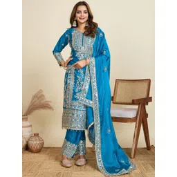 AKSHARAM Women Floral Embroidered Regular Sequinned Kurta with Trousers & With Dupatta-picture-27