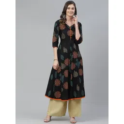 Akshatani Women Black & Orange Cotton Ethnic Motifs Hand Block Print A-Line Kurta-picture-6