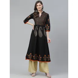 Akshatani Women Black & Orange Cotton Paisley Hand Block Print A-Line Kurta-picture-13