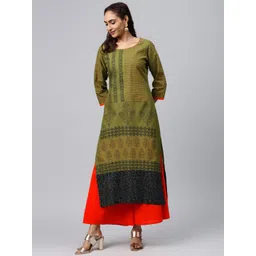 Akshatani Women Olive Green & Navy Blue Hand Block Printed Straight Kurta-picture-4