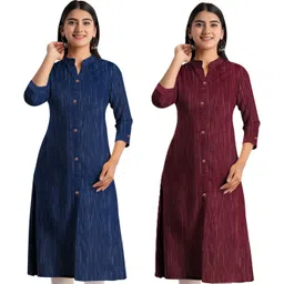 Pack of 2 Women Solid Khadi Cotton A-line Kurta-image-7