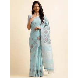 ALAGINI Ethnic Motifs Printed Zari Pure Linen Kasavu Saree-picture-15