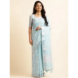 ALAGINI Paisley Embroidered Zari Detailed Pure Linen Saree-picture-36