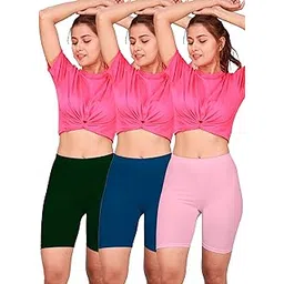 alba Flexy Women's Premium Shaping Tights – Cotton Elastane Blend, High Rise Design with Soft Bio-Washed Finish and Comfort Fit (90 CM | Size L) - Dark Green + Blue + Light Pink (Pack of 3)-picture-20