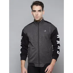 Alcis Men Charcoal Grey Melange & Black Solid Cotton Sporty Jacket with Printed Sleeves-picture-22