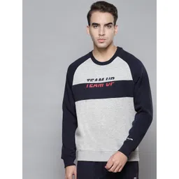 Alcis Men Grey Melange & Navy Blue Colourblocked Round Neck Sweatshirt with Print Detail-image-45