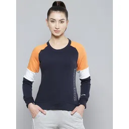 Alcis Women Navy Blue & Orange Colourblocked Cotton Sweatshirt with Side Applique Prints-picture-19