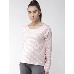 Alcis Women White & Peach-Coloured Slim Fit Striped Round Neck Yoga T-shirt-picture-25