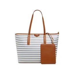 ALDO White & Blue Striped Large Tote Handbag with Pouch-image-2