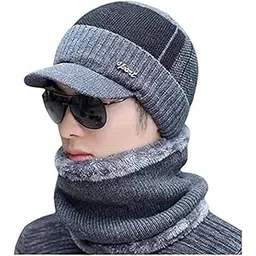 alexvyan 1 Set Hat Style Soft Casual Cap And Scarf Imported Warm Snow And Air Proof Fleece Knitted Beanie Winter Cap With Scarf For Men Boy Male (Grey Hat)-picture-12