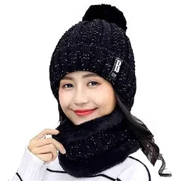 alexvyan 1 set of Winter Cap and Scarf Soft Warm Snow and Air Proof Fleece Knitted Cap (Inside Fur) Woolen Beanie Winter Cap With Scarf for Women Girl Ladies-picture-23
