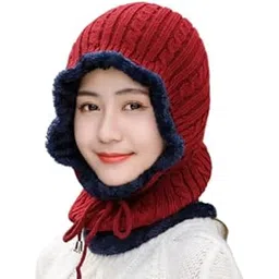alexvyan Beanie Warm Cap and Scarf Soft Snow and Air Proof Fleece Knitted Cap (Inside Fur) Woolen Beanie Winter Cap Combined Scarf for Girl Women Ladies (Red)-picture-19