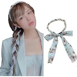 alexvyan Blue Ribbon Hair Braid Pearl Floral Prints for Women Hair Band Headbands for Women Girls Long Ribbon Satin Fabric Hairband for Girls Fashion Party Prom Head Band Decorative Headband-picture-11