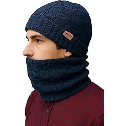 alexvyan Blue Winter Knit Beanie Cap and Neck Warmer Scarf Set, Soft & Warm Fleece Lined Acrylic Snow Proof Knitted Men's Cap (Inside Fur) Woolen Beanie Cap + Neck Muffler Set for Men Boy-picture-55