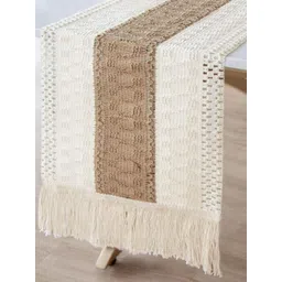 Alexvyan Boho Beige & Off White Textured Table Runner With Tassels-picture-15
