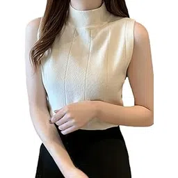 alexvyan Off White Women's Sleeveless Turtleneck Regular Fit Top, Vertical Striped Pattern, High Mock Neck Soft Stretchable Knitted Material-40 to 65KG-picture-40