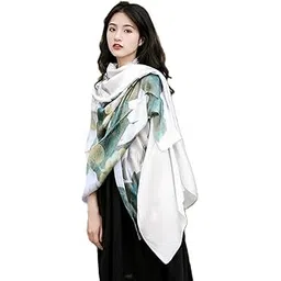 alexvyan Satin Silk Summer Scarves 170 x 84 cm, Floral Print Green and Off White Colour with Stitched Border, Lightweight Fashion Scarf for Women Sun Protection Stole-picture-10