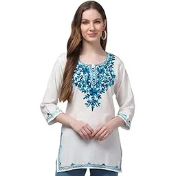 alhuma creatio n ALHUMA Creation 'Women's White Rayon Kurti with Thread Embroidery – 3/4 Sleeve Casual Ethnic Tunic Top |-picture-33