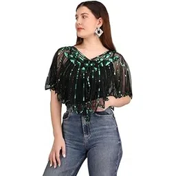 Ali Fashion Women Hand Beaded Embellished V-Neck Poncho Cape for Women, Floral Pattern Loose Capelets Dress shoulder, Beachwear Ponchos Capes (Black & Green)-picture-23
