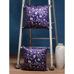 Alina decor Navy Blue & Gold Set of 2 Floral Square Cushion Covers-picture-23