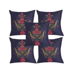 Alina decor Navy Blue & Green 5 Pieces Floral Square Cushion Covers image 1