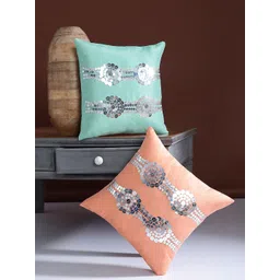Alina decor Peach-Coloured & Sea Green Set of 2 Embellished Square Cushion Covers-image-5