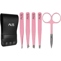 Alis Professional Tweezer Set With Trimming Scissor Best Precision Tweezers for Eyebrows - Great Precision for Facial Hair, Ingrown Hair Set Of 5 pcs Combo (Baby Pink)-picture-18