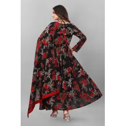 Alisha Fashion Floral Print Georgette Gown Dress, Black with Red Flowers, Round Neck, Bell Sleeves, A-Line Ankle Length Dress for Women image 1