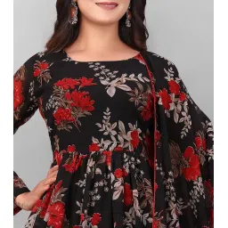 Alisha Fashion Floral Print Georgette Gown Dress, Black with Red Flowers, Round Neck, Bell Sleeves, A-Line Ankle Length Dress for Women image 3