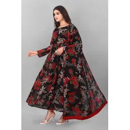 Alisha Fashion Floral Print Georgette Gown Dress, Black with Red Flowers, Round Neck, Bell Sleeves, A-Line Ankle Length Dress for Women image 2