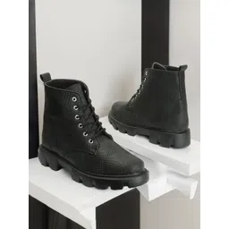 alishtezia Women Black Mid Top Textured Platform Heel Chunky Boots Boots For Women-picture-12