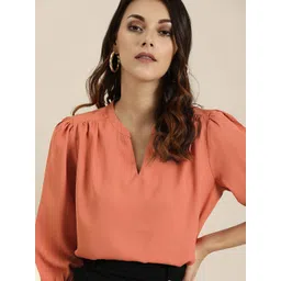 all about you Coral V-Neck Puff Sleeves Top-picture-33