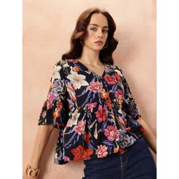 all about you Floral Print Bell Sleeve Crepe Peplum Top-picture-17