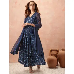 all about you Floral Print Flared Ethnic Dress With Dupatta-image-18