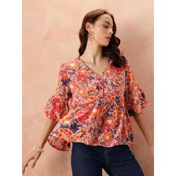 all about you Floral Print Puff Sleeve Crepe Peplum Top-picture-15