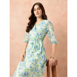 all about you Floral Print Puff Sleeves Wrap-Style A-Line Dress-picture-31